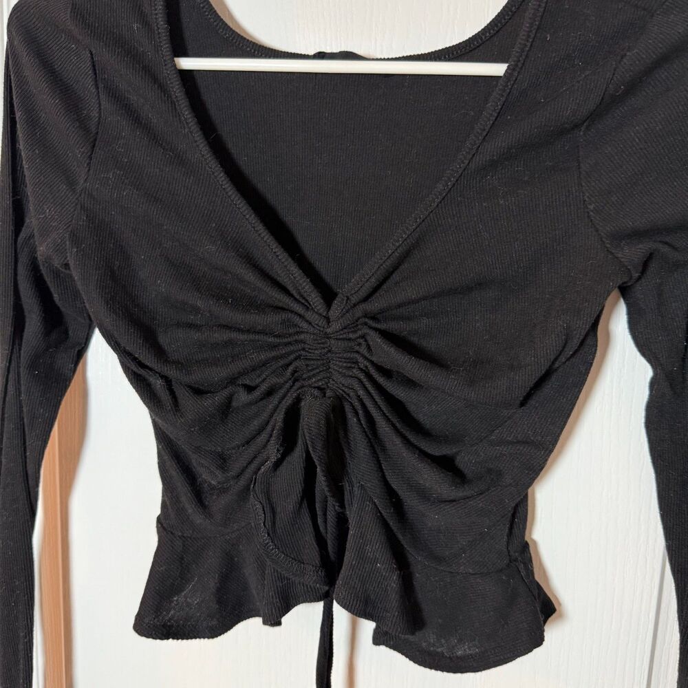 M Black Ruched Tie Front Long Sleeve Crop Top Women’s Y2K Going Out